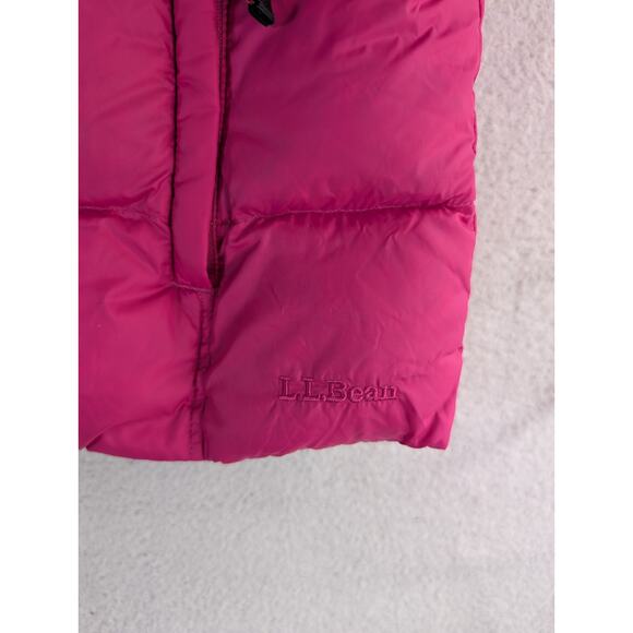 LL Bean Goose Down Vest Pink Womens Medium Removable Hood Fur Trim Zip Pockets - Picture 11 of 16